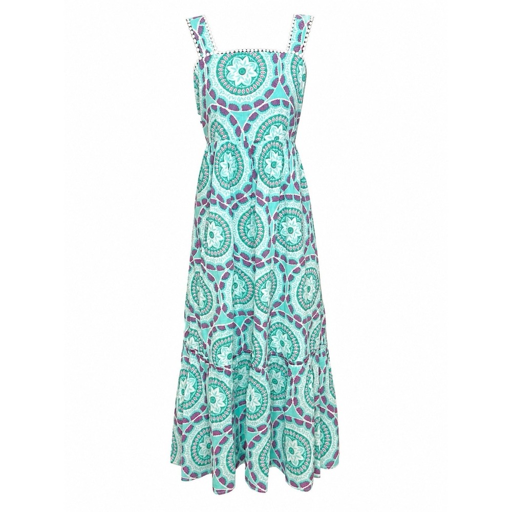 Jude Connally Maxi Dress S Aqua Geometric Resort Coastal Tiered Cotton